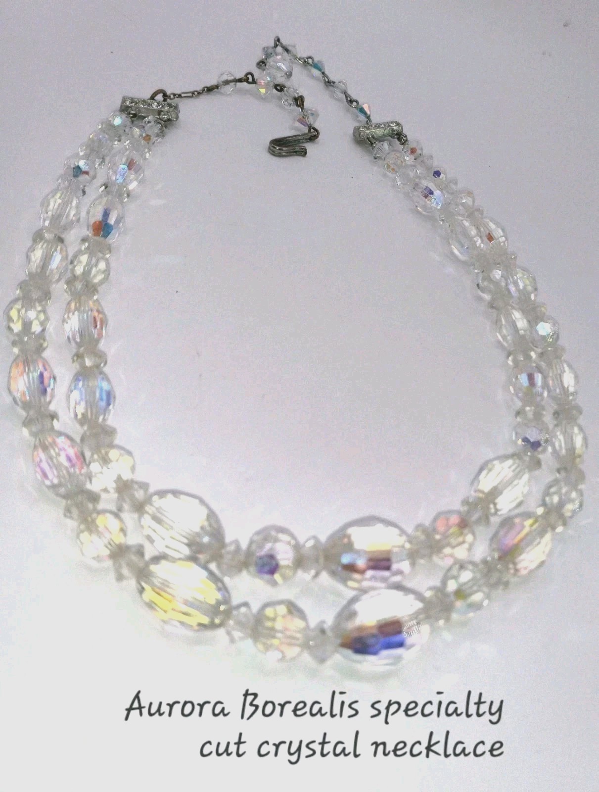 Vtg AB Crystal Specialty Cut Necklace 12″ + 5″ Extension. Silver tone