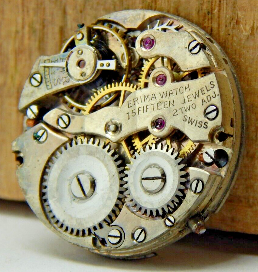 Vintage Erima openface 15 jewel 2 adjustment pocket watch movement with dial