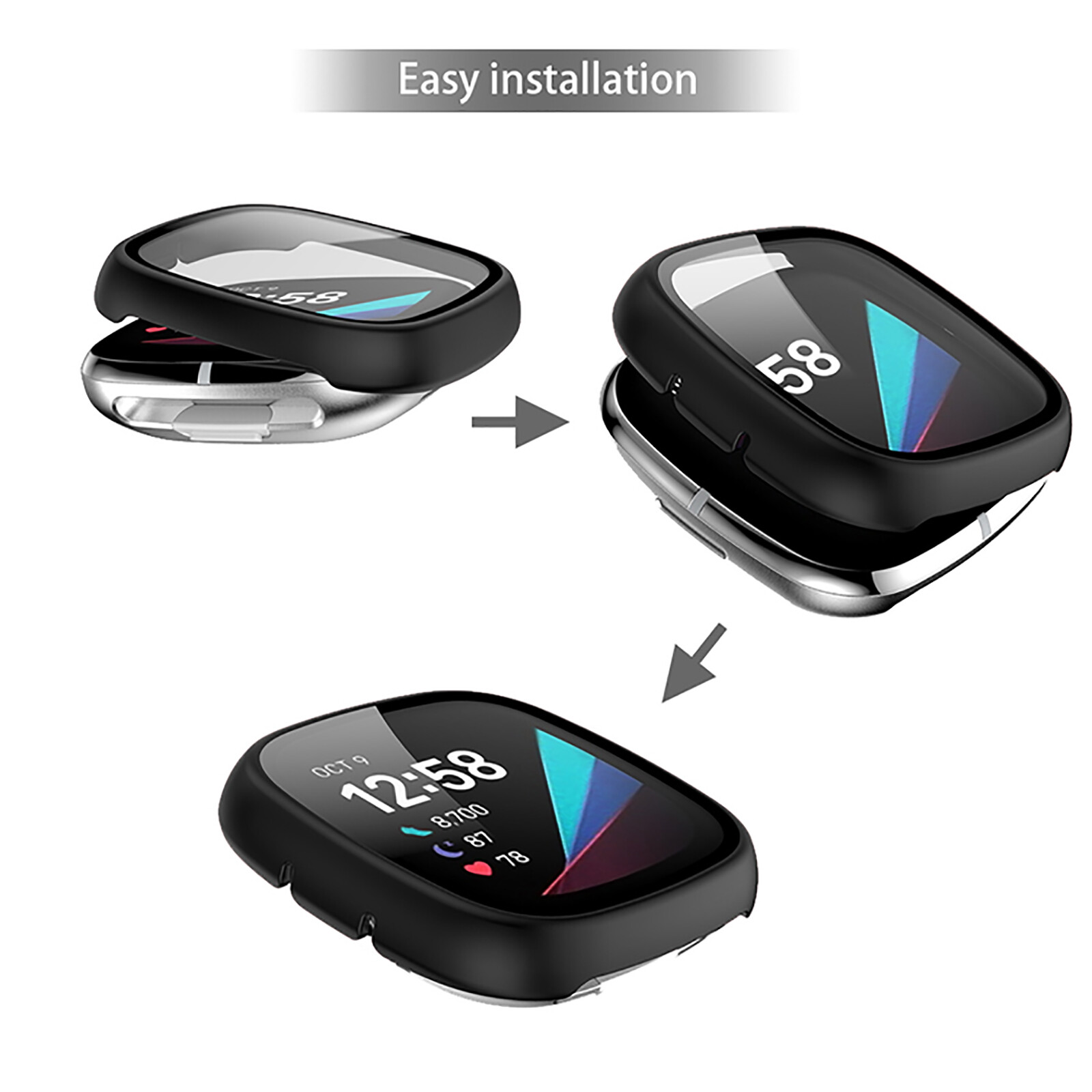 Watch Case PC+Tempered Film Protective Case Cover for Fitbit Versa 3/Sense Watch