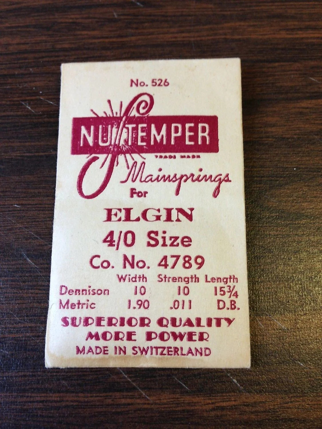 NuTemper Mainspring #526 for Elgin 4/0s Factory No. 4789 – Steel