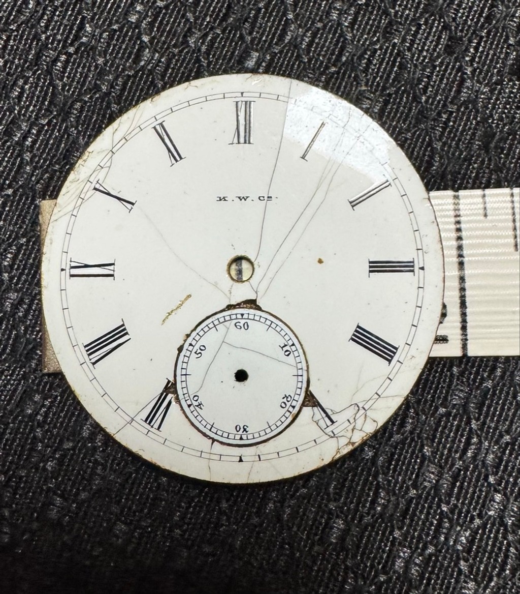 K.W.Co. 18s Roman Numeral Enamel Pocket Watch Dial Chips/Harlines