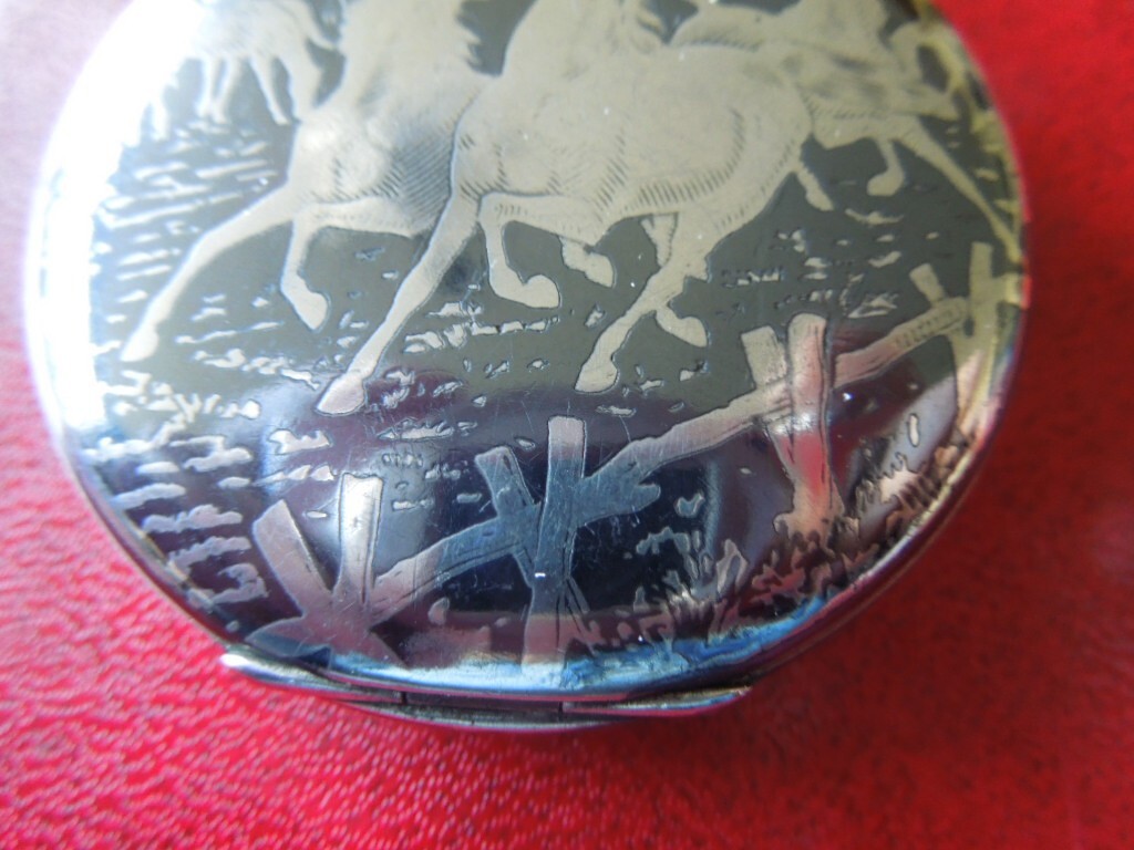 J4939 POCKET WATCH MOVADO NIELLO HORSES FULL HUNTER HUGUENIN FR. SEE DESCR