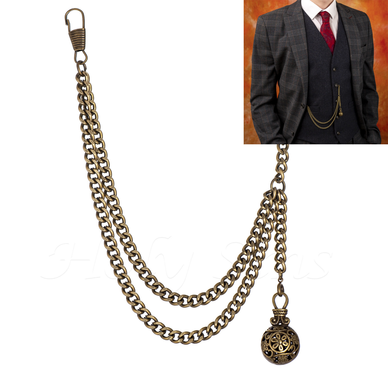 Brand New Bronze Single Albert Pocket Watch Fob Chain With Pendant