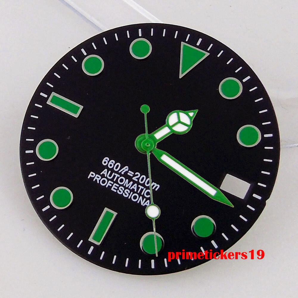 28.5mm Black/White/Green Sterile Watch Dial Face Hands Date Window Fit NH35 Movt