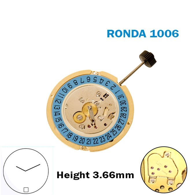 RONDA 1006 Swiss Watch Movement–2 Hands-Blue Disk At 6-0 Jewels-H:3.66mm.