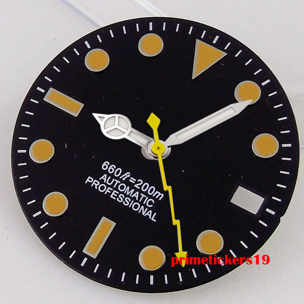 28.5mm Black/White/Green Sterile Watch Dial Face Hands Date Window Fit NH35 Movt