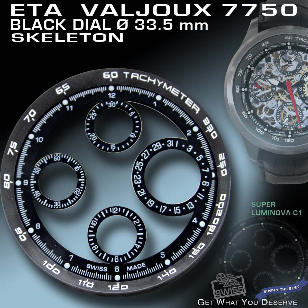 DIAL SKELETON FOR MOVEMENT ETA VALJOUX 7750, TACHYMETER RING, BLACK, Ø 33.5 MM