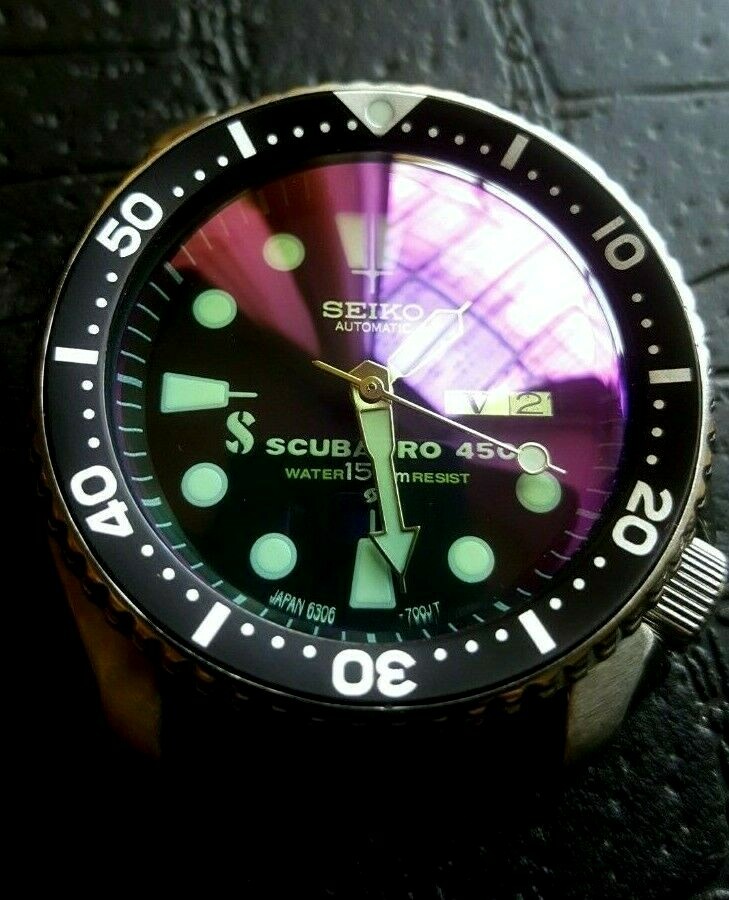Double Dome watch Crystal for Seiko Diver 7002 6309 Two Tone Purple/blue