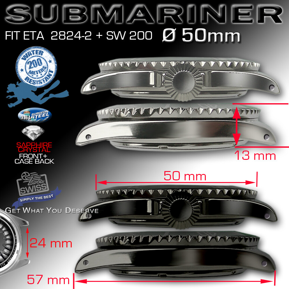 SUBMARINE CASE Ø 50 MM, 200M ATM, ETA 2824-2 OR SW 200, ST-STEEL, BLACK PVD