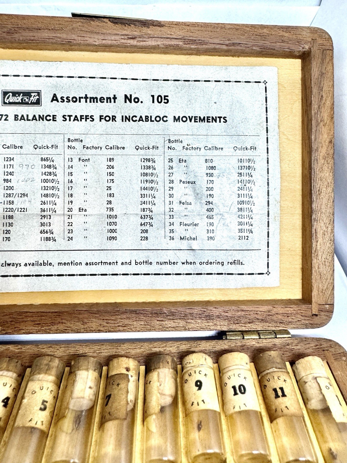 Quickfit Assortment No. 105 Balance Staffs for Incabloc Movements in Wood Box