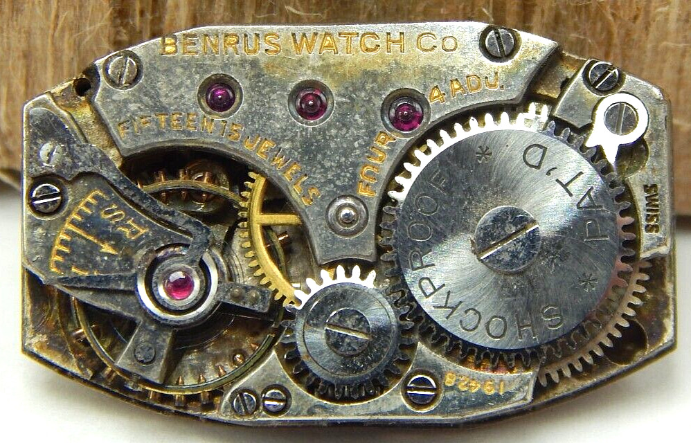 Vintage Benrus shockproof 15 jewel 4 adjustment watch movement with dial