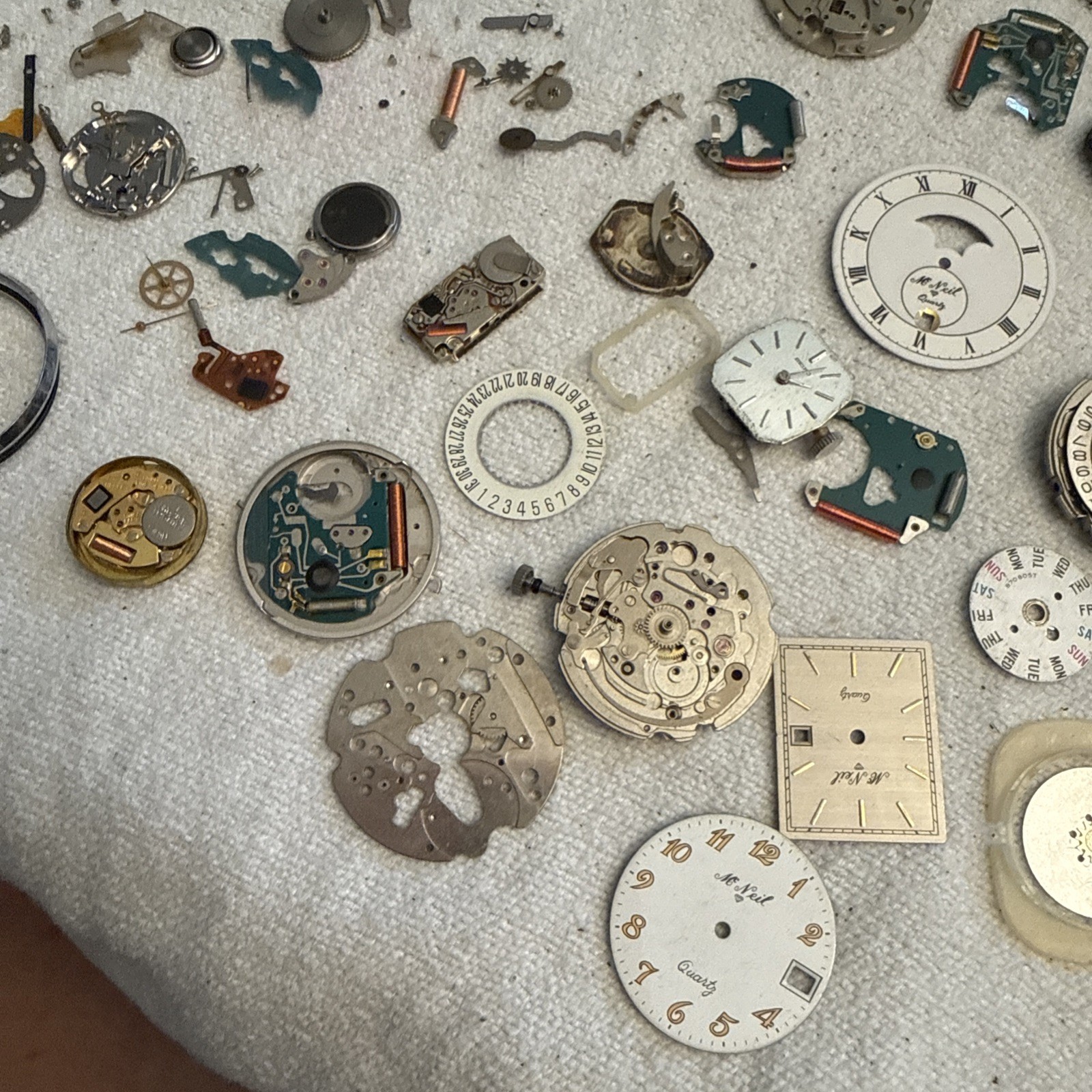 Vintage Watchmaker Repair Lot- Mixed Movements, Dials, Gears