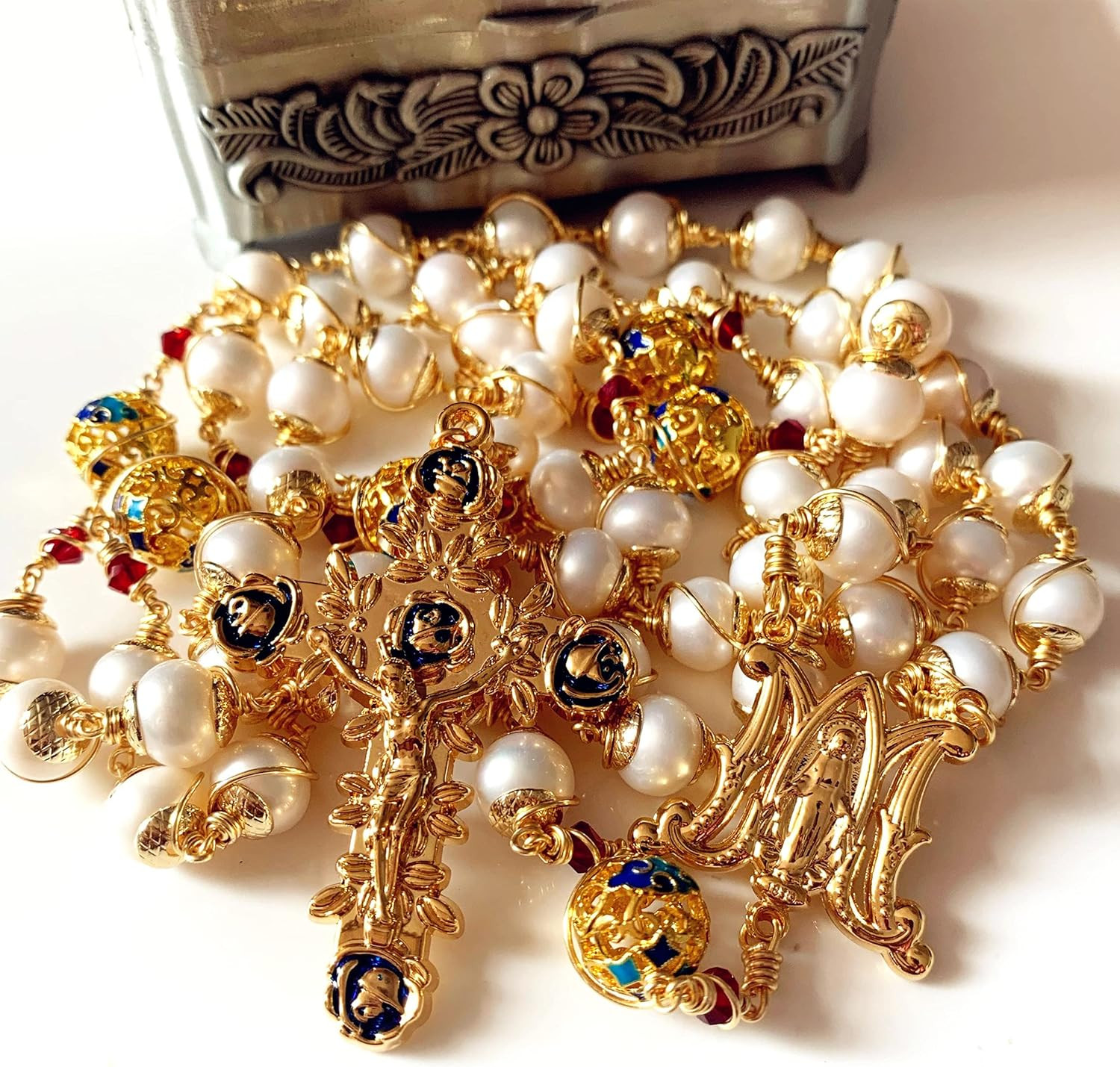 Gold Plated Wire Wrapped Pearl & Enamel Bead Rosary Cross Necklace Box