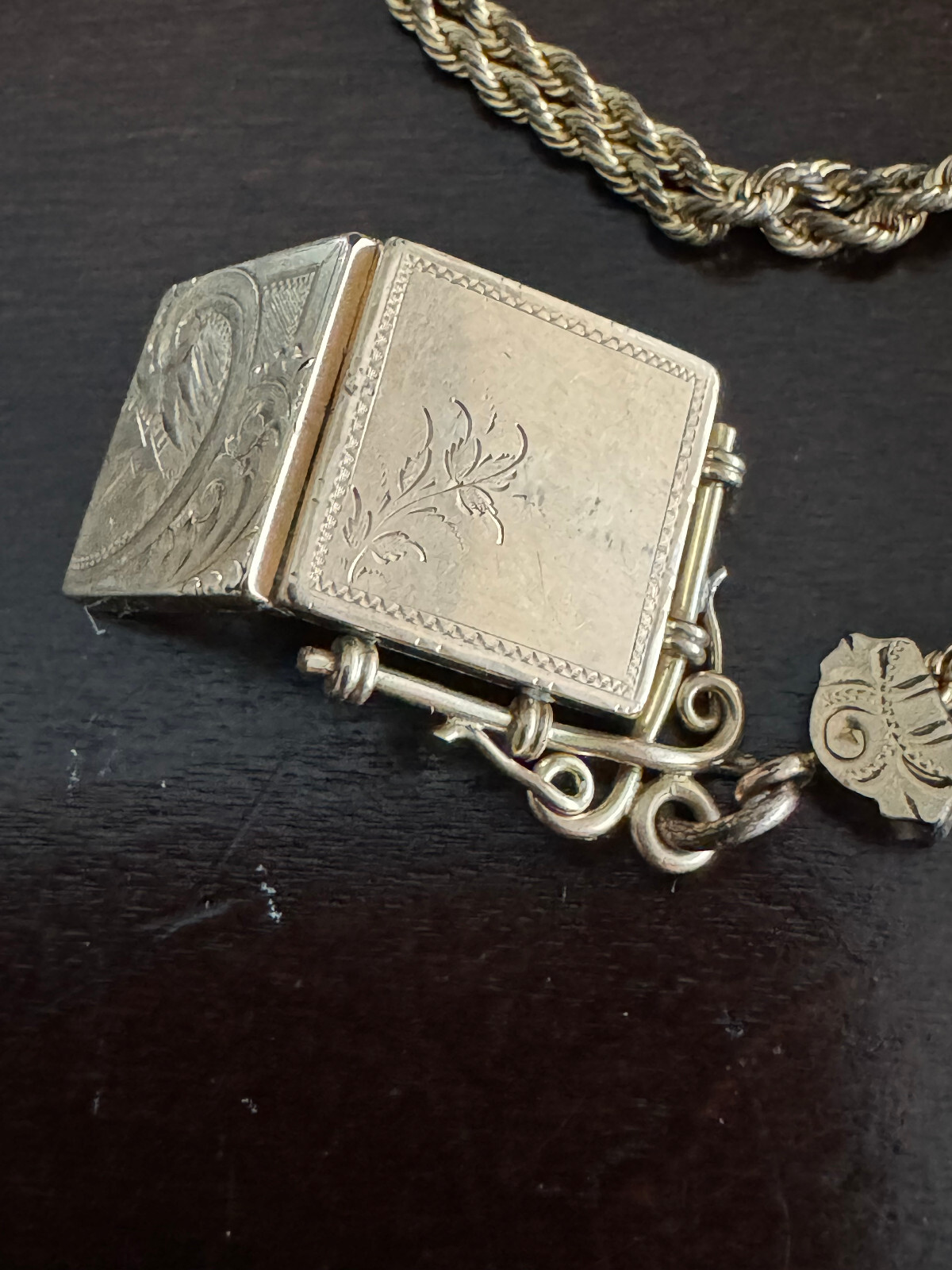 VINTAGE 11 INCH R.S.OO POCKET WATCH CHAIN WITH T-BAR, FINIALS AND LOCKET G.F.