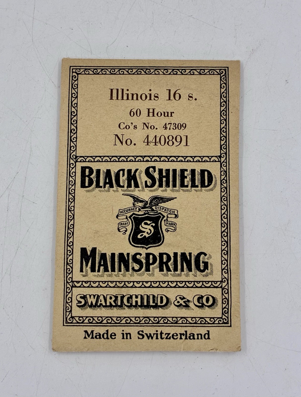 NOS Black Shield Mainspring Illinois 6 s. 60 hour Co’s No. 47309 NO. 440891