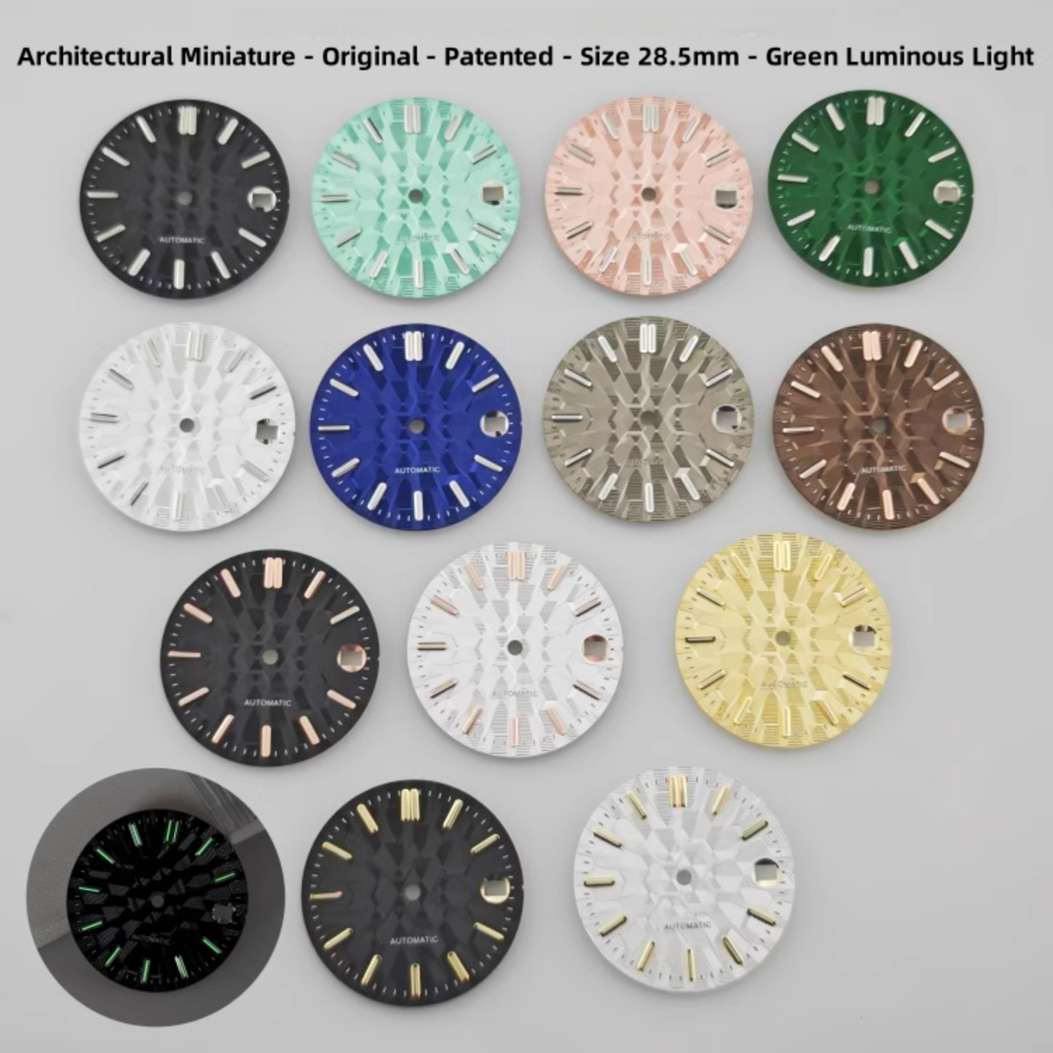 NH35 Dial 28.5mm Architectural Dial Green Luminous DIY for NH35/NH36 Movement