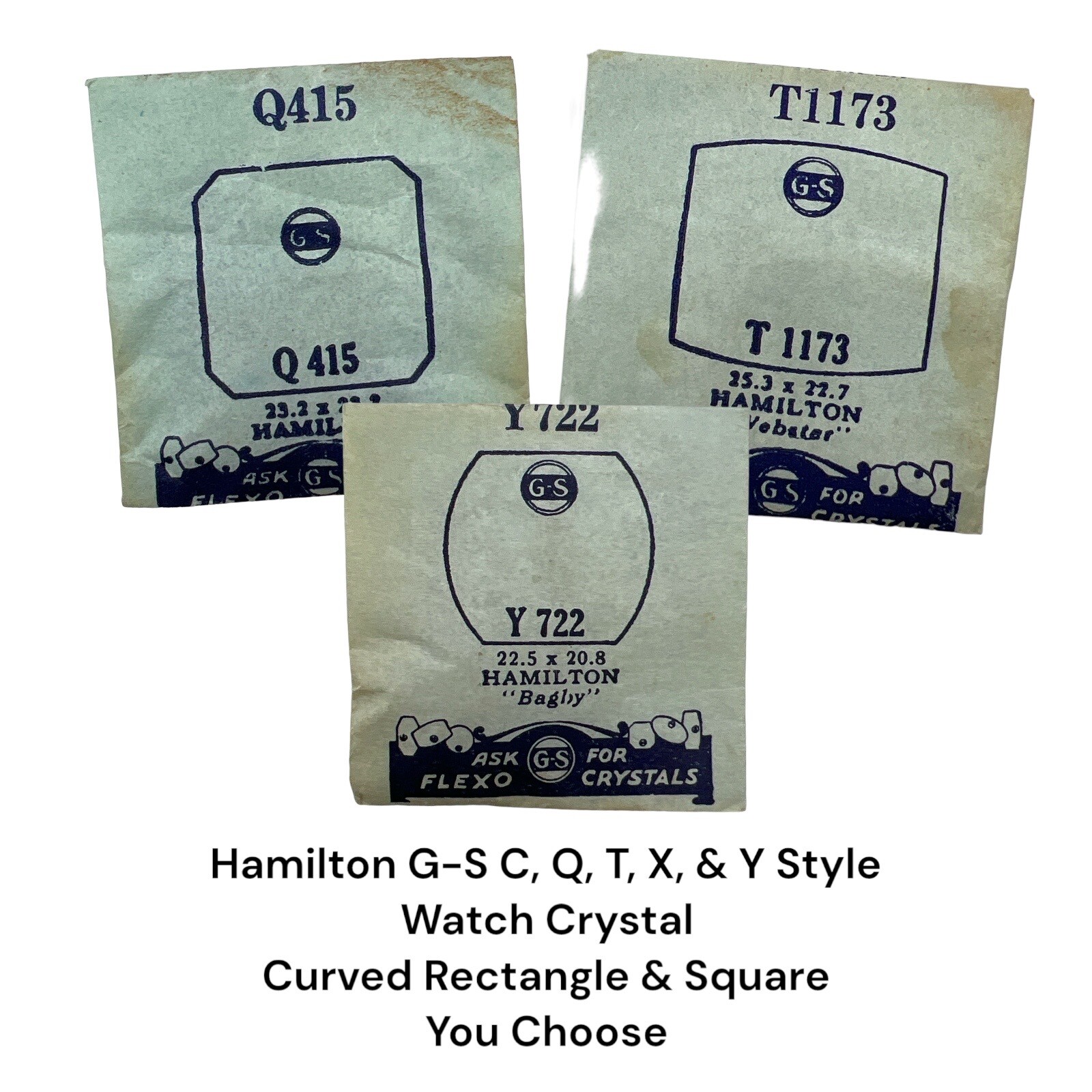 Hamilton Watch Crystal x 1 G-S C, Q, T, X, & Y Curved Rectangle & Square VTG NOS