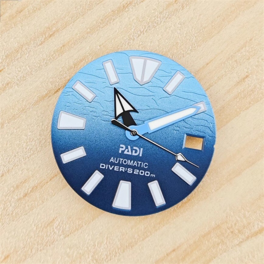 28.5mm NH35 Dial + Hands Gradient Blue 3D Dial Green Lume for NH35/NH36Movement