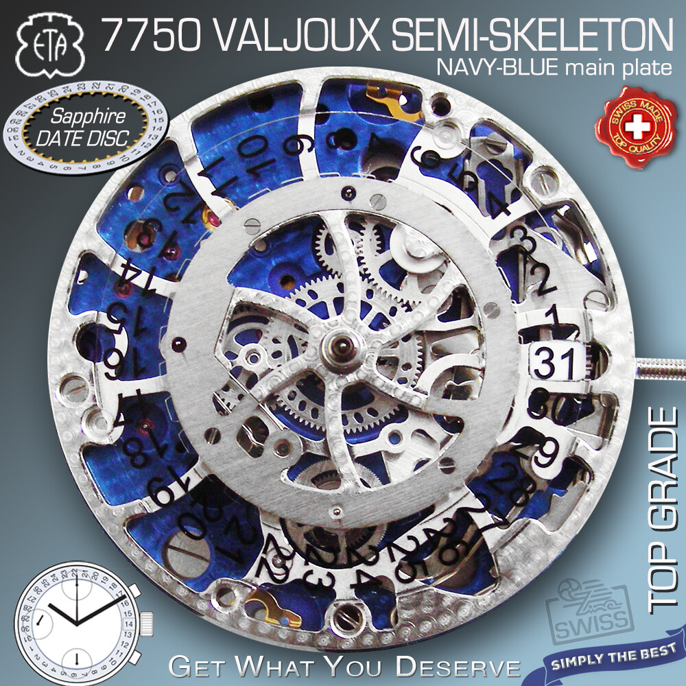 MOVEMENT ETA VALJOUX 7750, AUTOMATIC CHRONOGRAPH, SEMI SKELETON, NAVY-BLUE MP