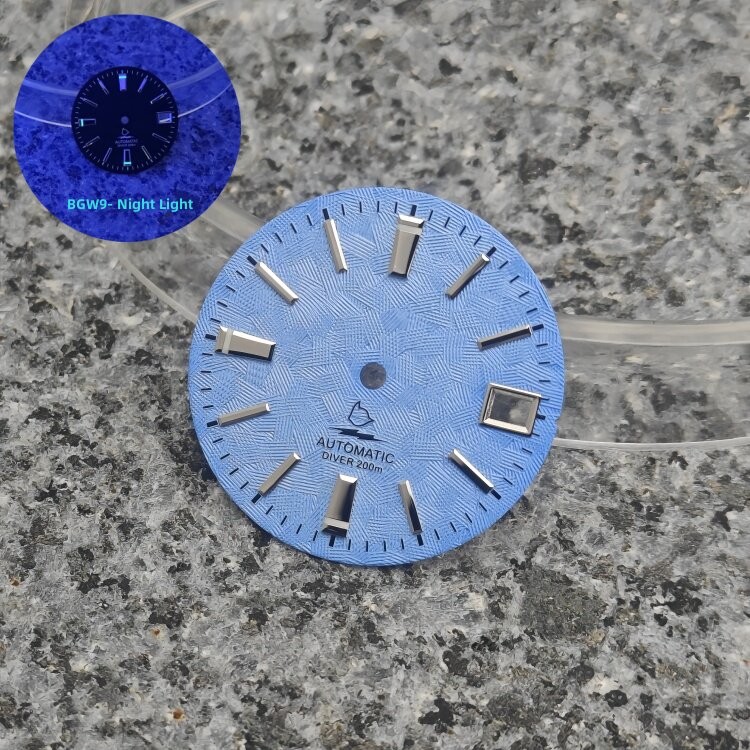 28.5mm Silver Textured Dial 3H Date BGW9 Lume Fit Auto Mod Part