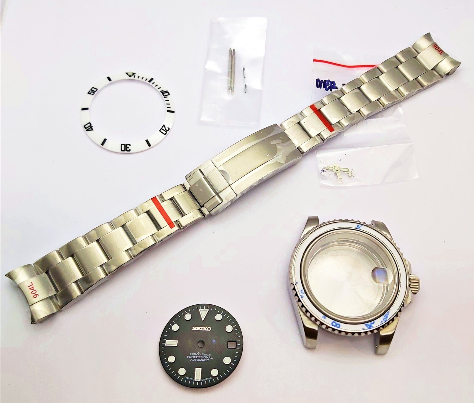 NEW AF SEIKO LEX SUBMARINE WHITE KIT CASE BEZEL GLASS CROWN STRAP DIAL HAND