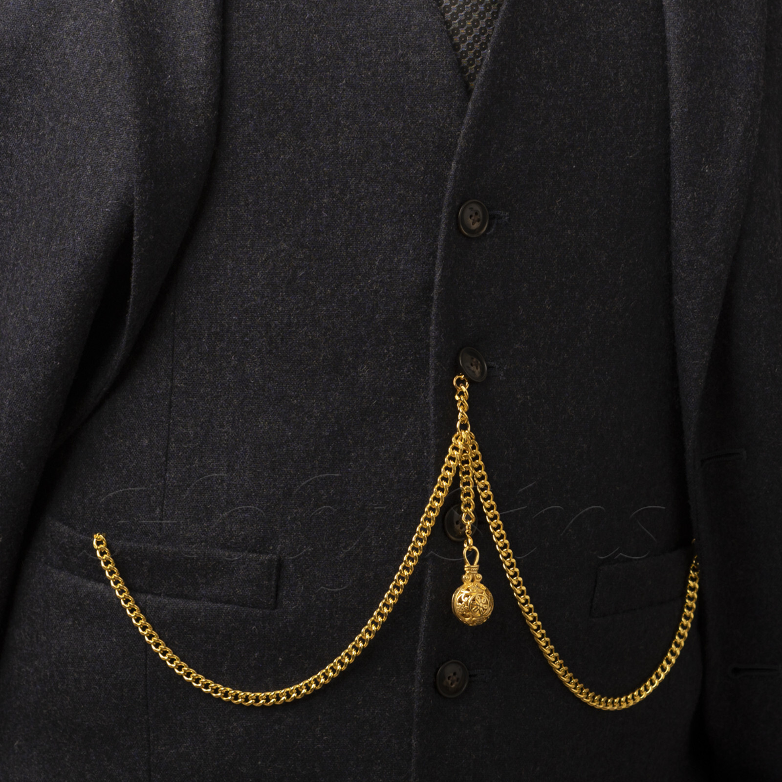 Brand New Gold Colour Double Albert Pocket Watch Fob Chain With Hollow Pendant