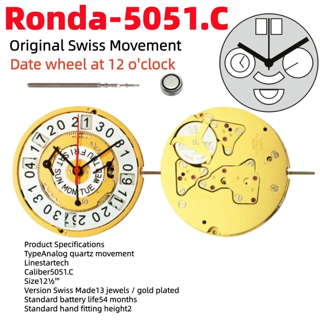 Genuine Swiss Ronda 5051.C Quartz Chronograph Movement Big Date 5051C Parts