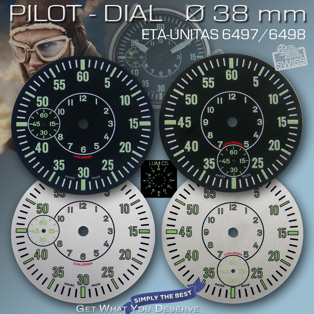 DIAL PILOT Ø 38 MM, FOR MOVEMENT ETA UNITAS 6497/98, BLACK OR SILVER
