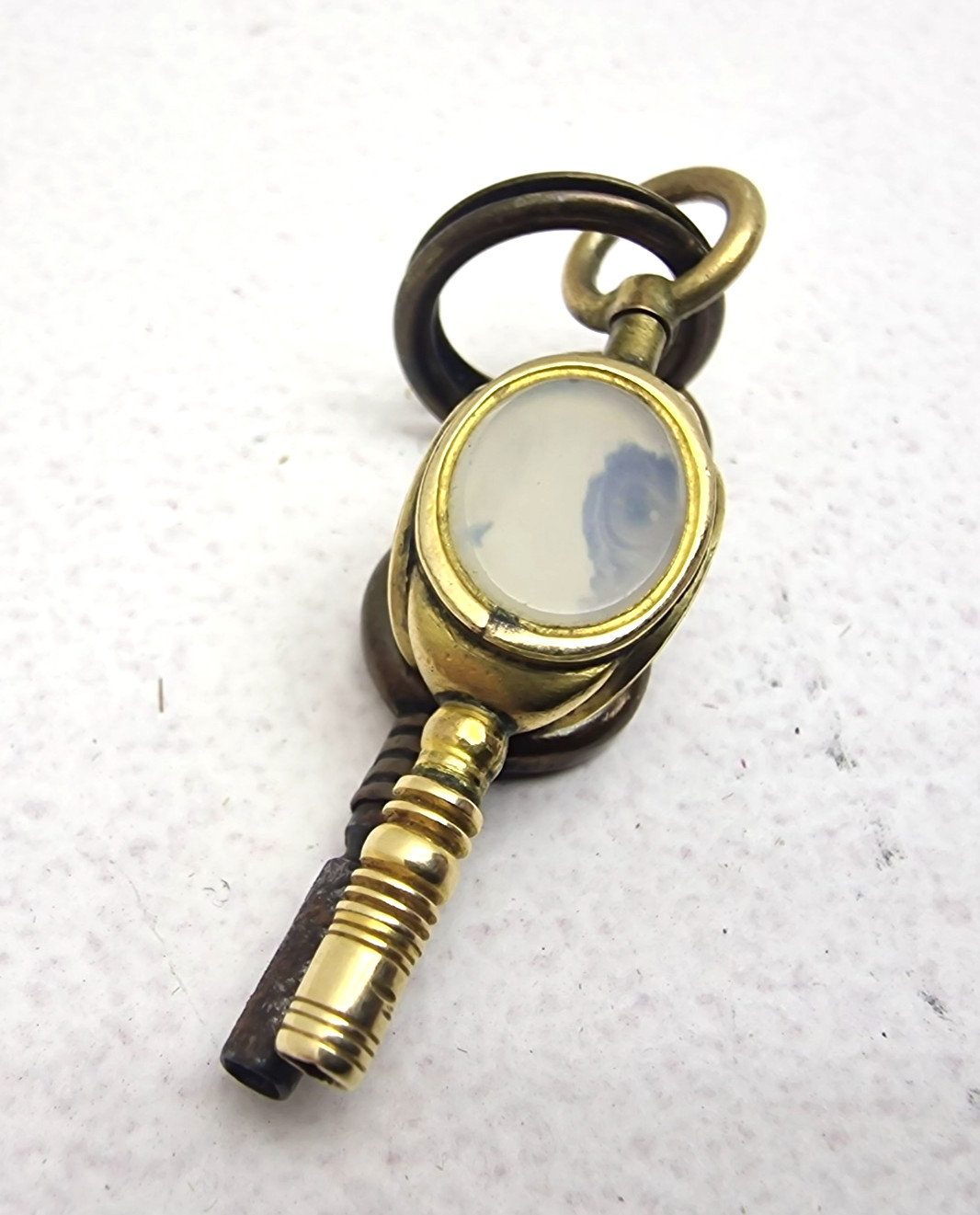 Antique Brass Pocket Watch Winding Keys Multi Stone Swivel Fob Victorian Era