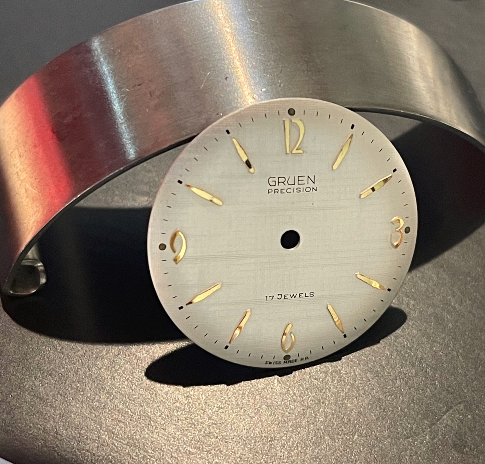Vintage factory Gruen 510 RSS watch dial yellow markers linen finish 27.9mm size