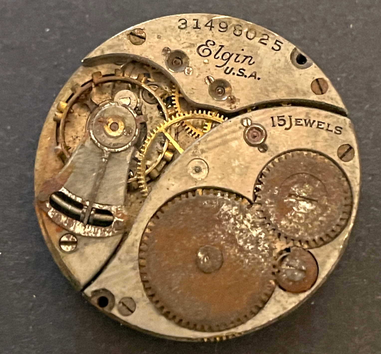 Vintage 1928 Elgin Cal 464 Men’s Watch Movement Parts/Repair 15j USA