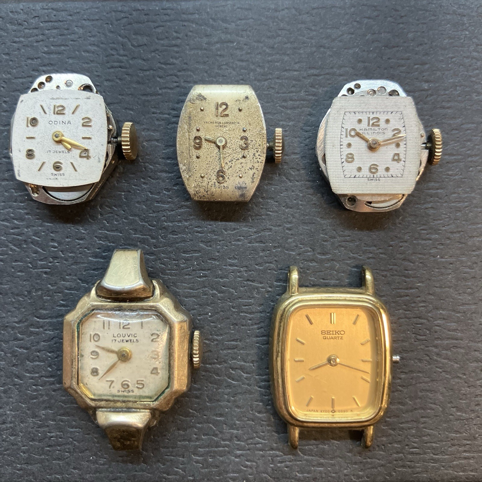 Lot Of 5 Watch Movements – Vacheron Constantin. Hamilton. Odina. Louvic. Seiko