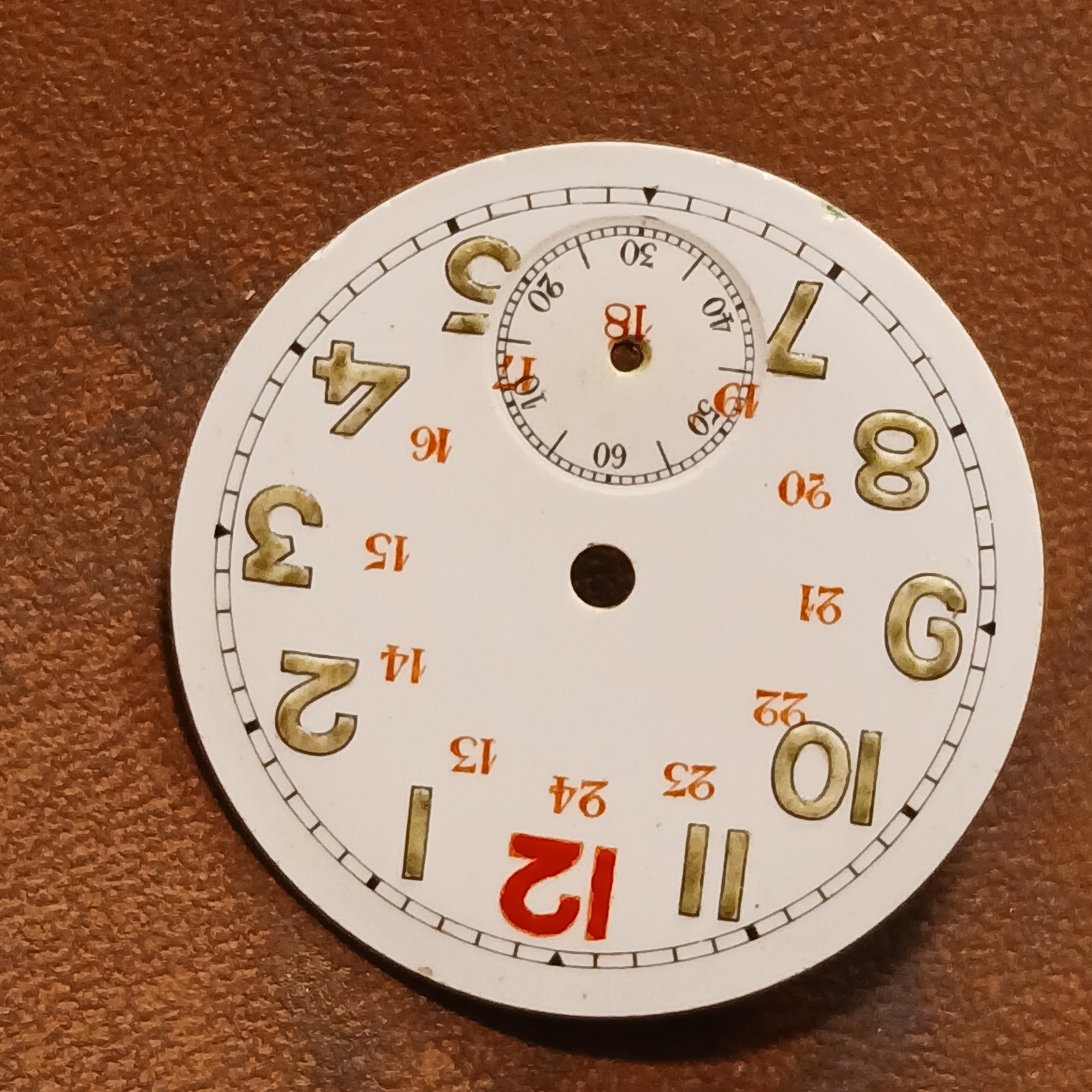 Vintage Porcelain WWI Military 24 Hour Red Numbers Trench Watch Dial 29.2 mm