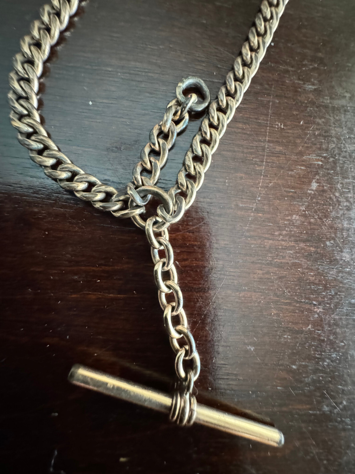 VINTAGE 12 INCH PREMIUM POCKET WATCH CHAIN T-BAR, HAS A LOT OF WEAR