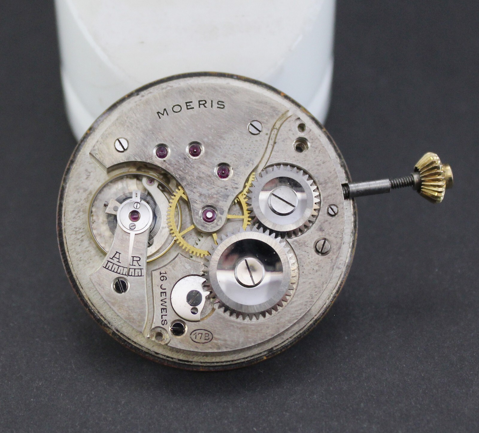 Antique Moeris manual Movement, dial, hands, winding stem & crown . Running!!