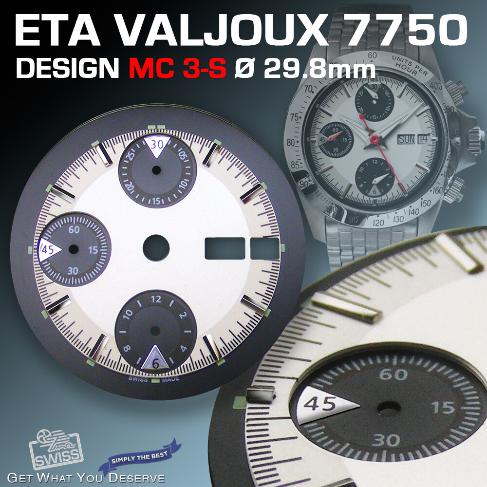 DIAL FOR MOVEMENT ETA VALJOUX 7750, MC3-S, 3-D, SILVER, SUPER LUMINOUS Ø 29.8 mm