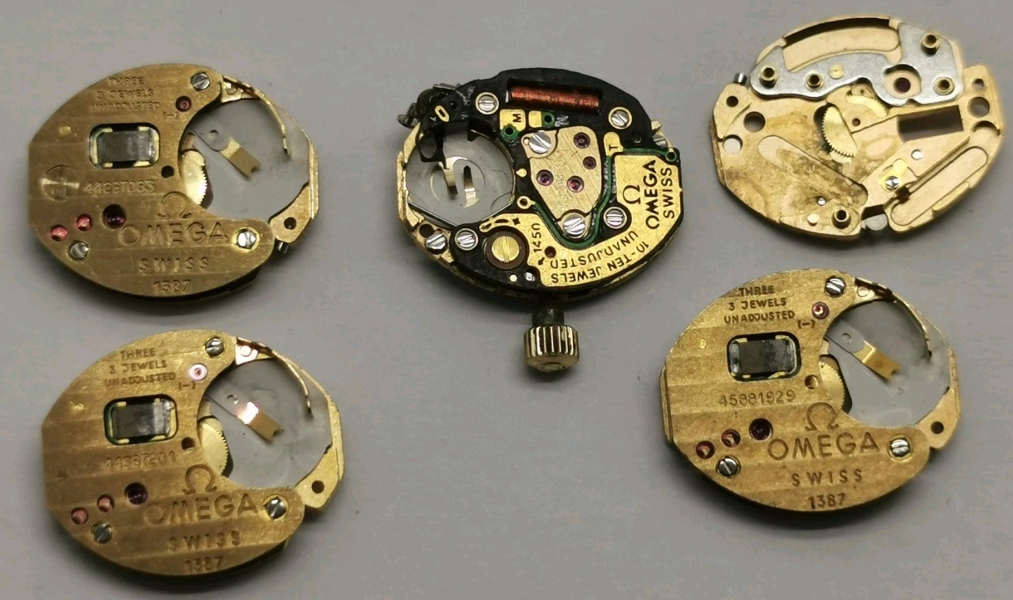 Vtg Bulk Lot Of 5 Omega 1387 & 1450 Quartz Ladies Quartz Watch Movement Spares