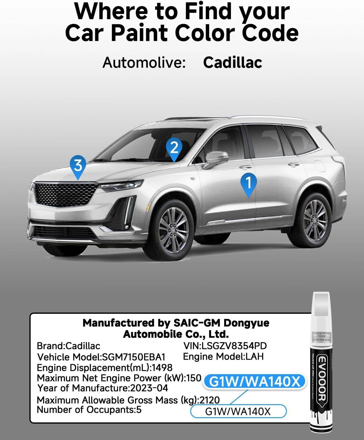 Crystal White Tricoat(G1W/Wa140X) Touch up Paint Compatible with Cadillac Exact