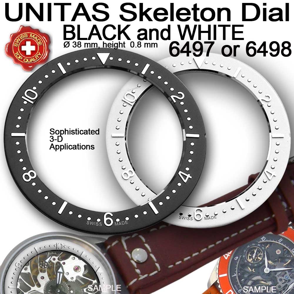 DIAL SKELETON INDEX RING Ø 38 mm MOVEMENT ETA UNITAS 6497, 6498, BLACK OR WHITE