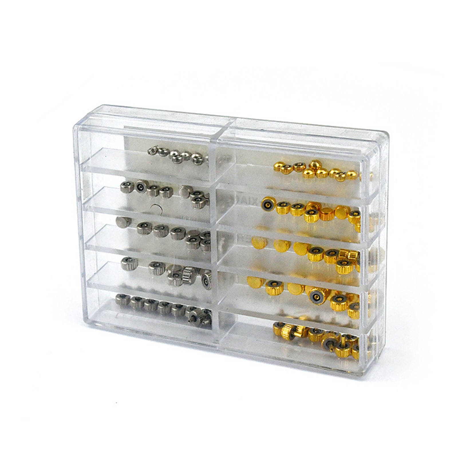 100Pcs Brass Watch Crown Watchmaker Repair Spare Parts Silver&Gold Heads Box