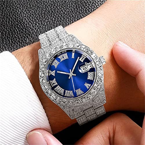 Hip Hop Watches for Men Iced-Out Bling Diamond Luxury Quartz 42mm Silver Blue