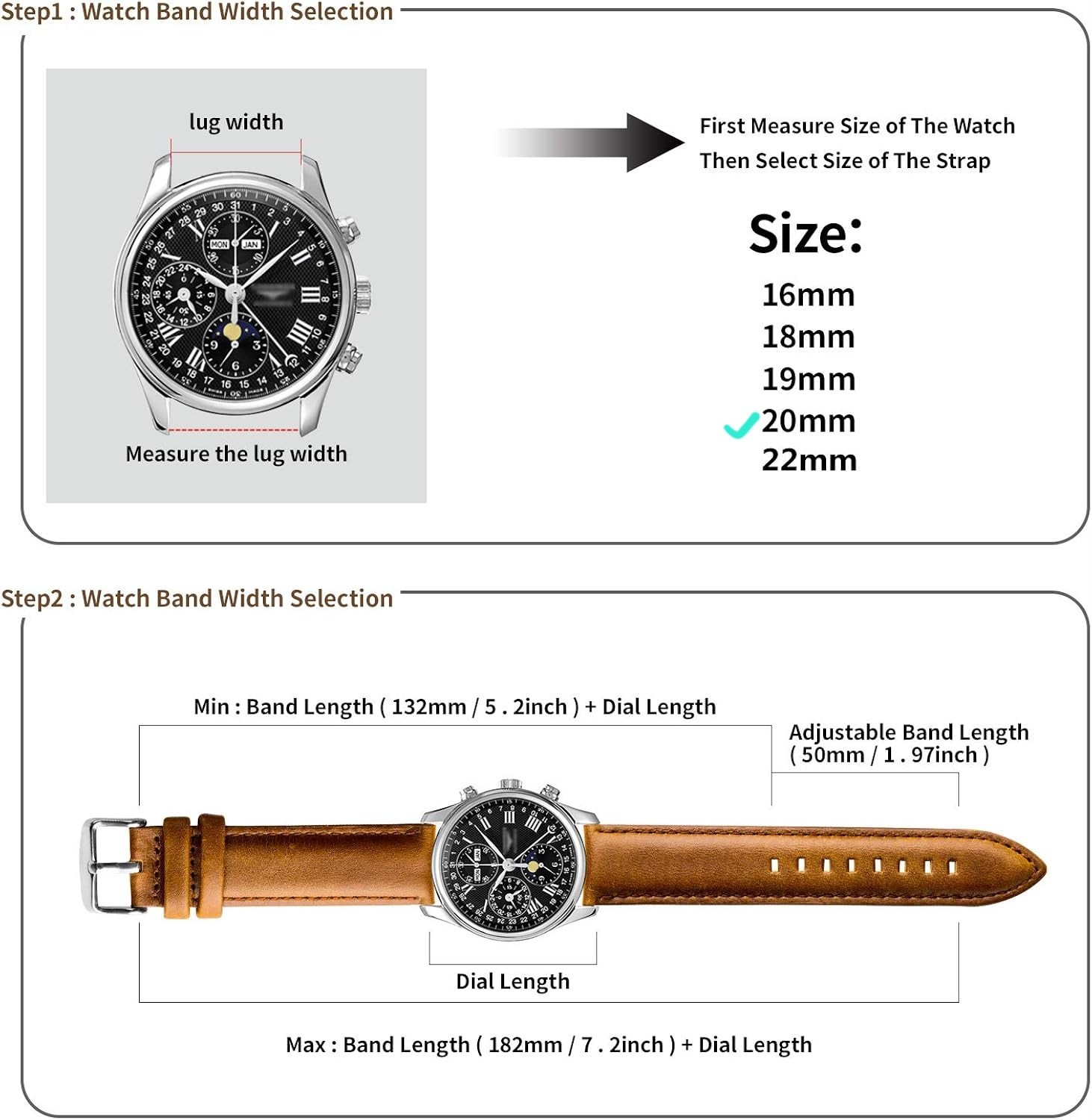 Leather Watch Strap [20mm lug] Genuine Replacement Band St Steel Clasp Brown, UK