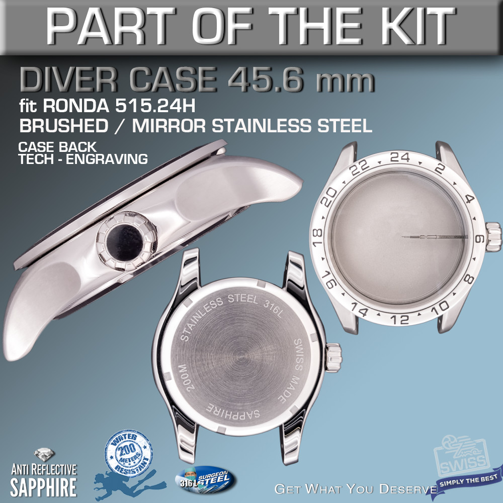 DO IT YOURSELF KIT DIVER GMT 200M CASE 45.6MM, DIAL, HANDS fit RONDA 515 QUARTZ