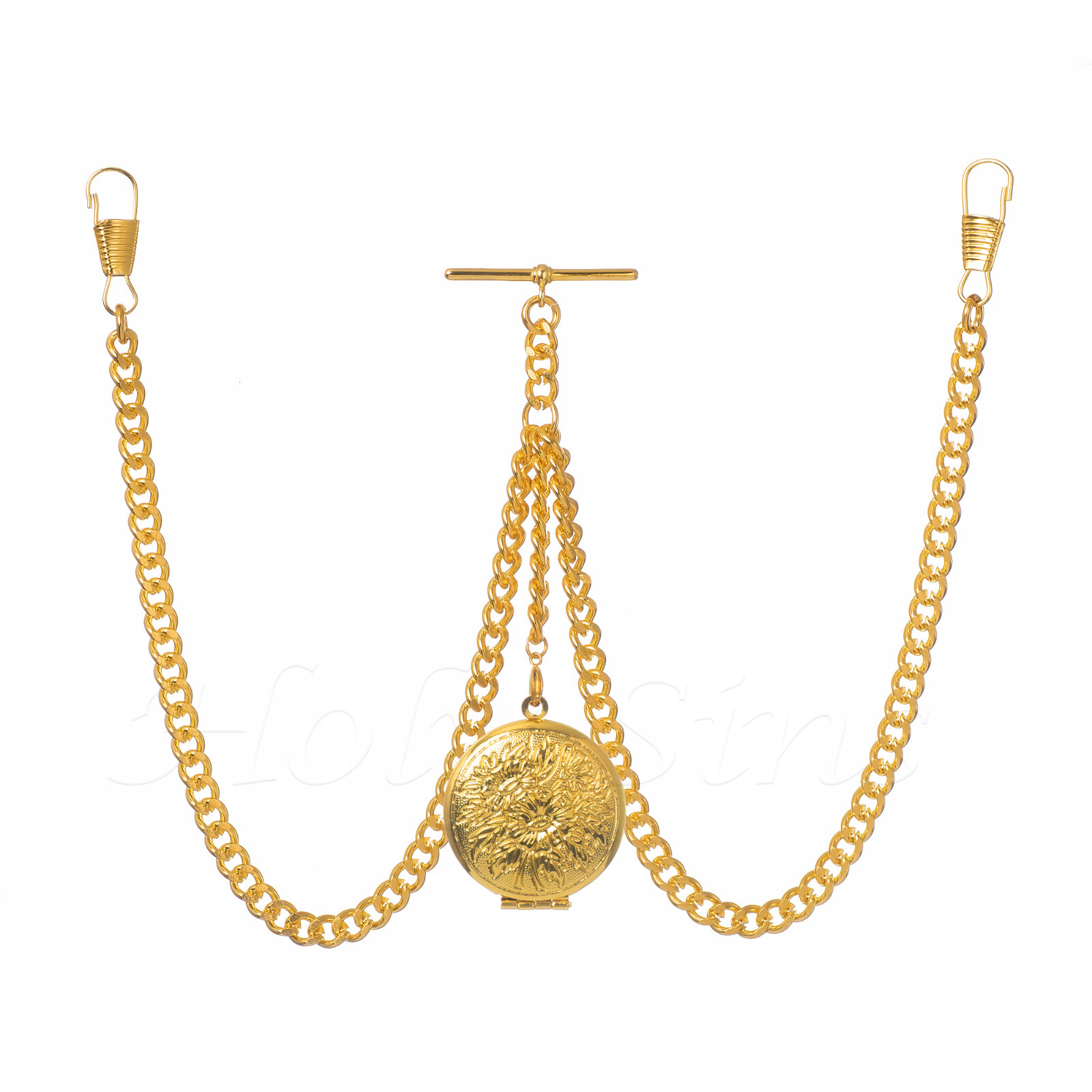 Brand New Gold Colour Double Albert Pocket Watch Fob Chain With Locket Pendant