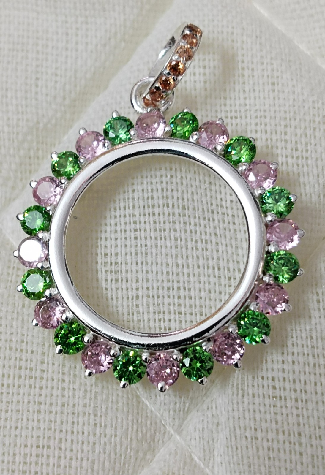 925 Sterling Silver Round Bezel Pendant Blank Green & Pink CZ Handmade Coin