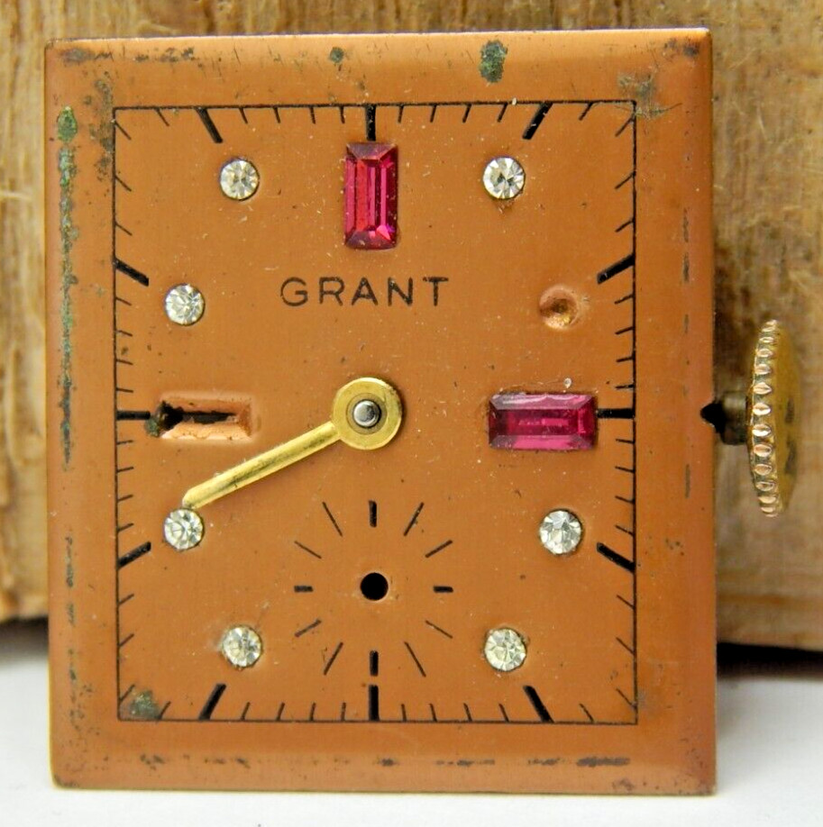 Vintage Grant 17 jewel men’s art deco wrist watch movement with gemmed dial