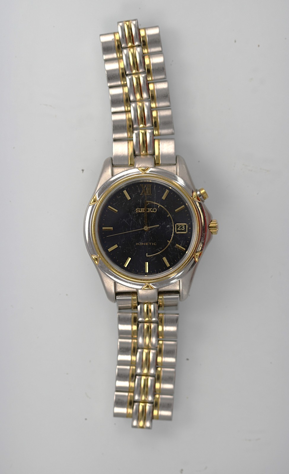 Seiko Kinetic Watch Men Silver Gold Stainless St WR Date Blue Quartz NON-WORKING