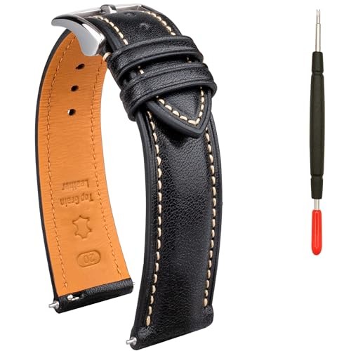 Quick Release Leather Watch Band, Two Tone Oil 21mm Black / Silver Buckle