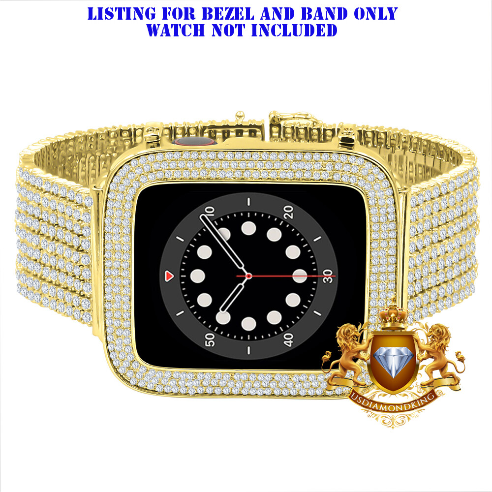 Gold Tone Apple Watch Custom Micro Pave Bezel & Band Combo Set 44mm Fit # 4,5,6