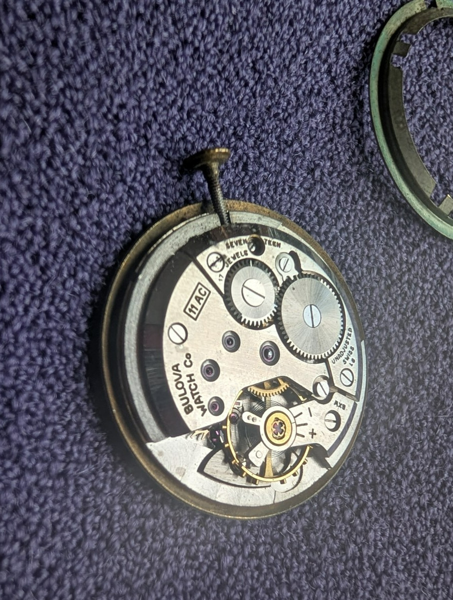 Vintage Bulova 11 AC Stem Wind 17j Men’s Wristwatch Movement Subdial for Parts